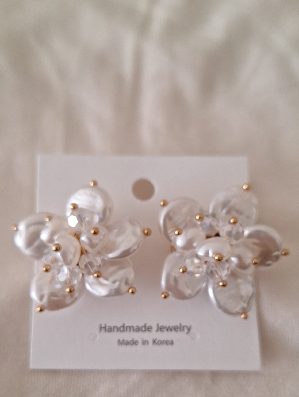 Handmade Pearl-Effect Floral Statement Earrings with Gold Accents